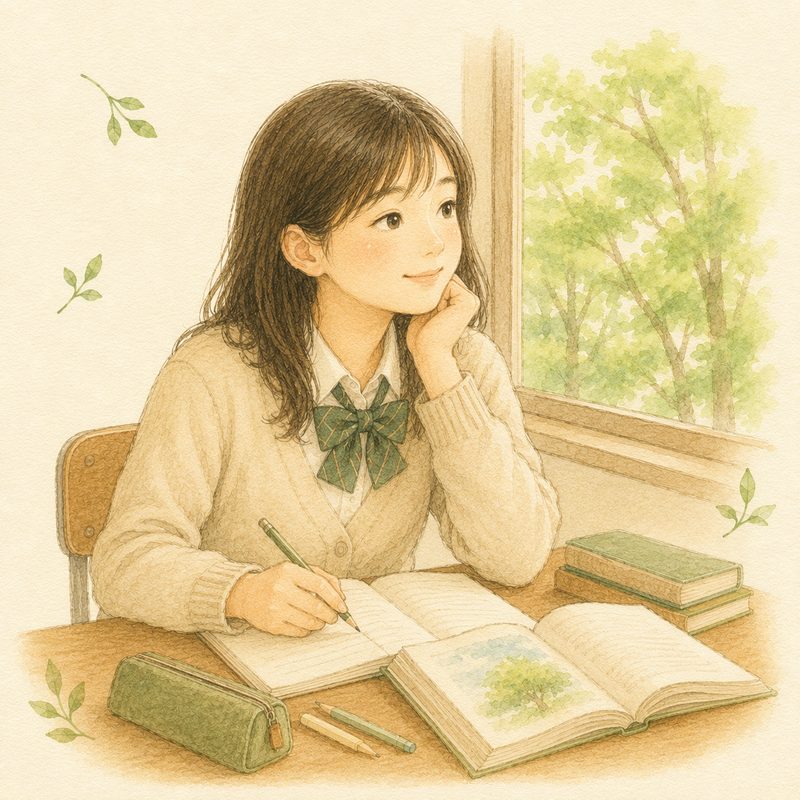 中学生・高校生くらいの子どもが窓辺で静かに過ごしている水彩イラスト