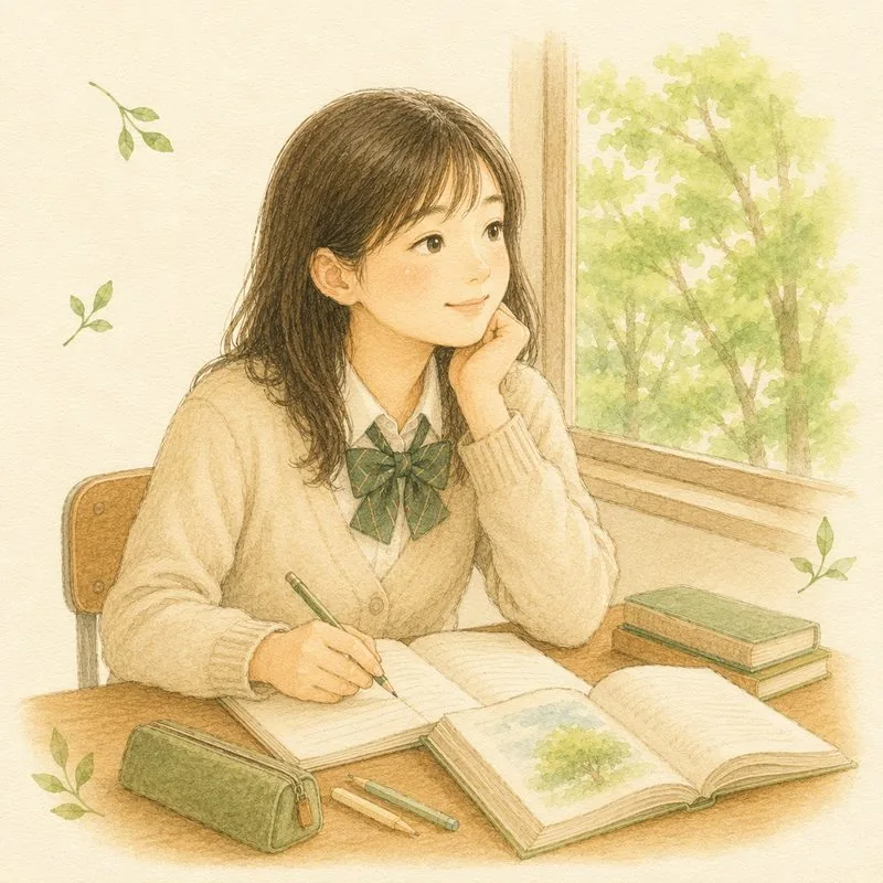 中学生・高校生くらいの子どもが窓辺で静かに過ごしている水彩イラスト
