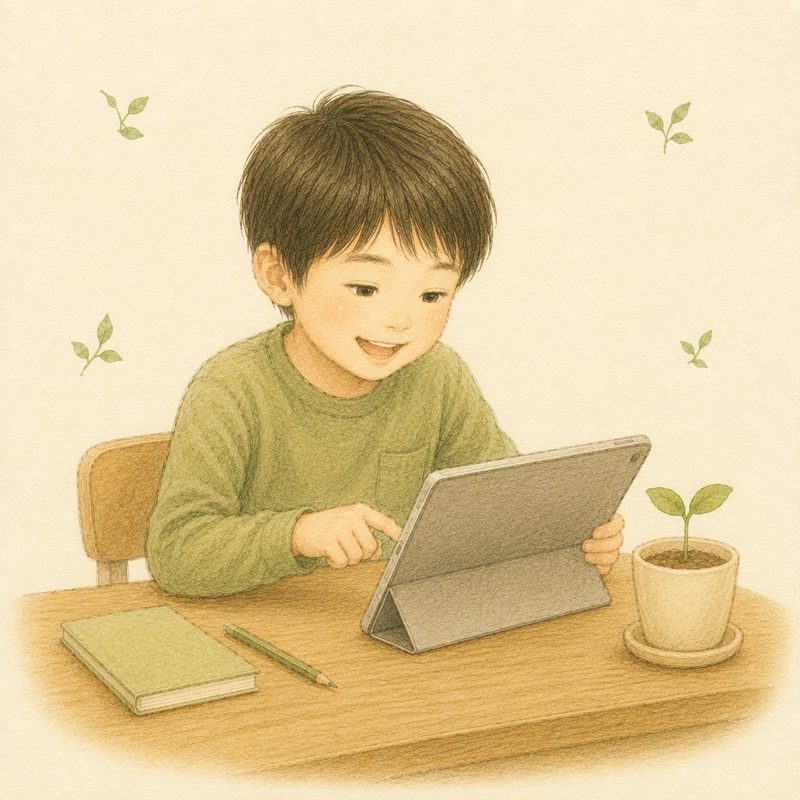 子どもがタブレットで学習アプリに取り組んでいる水彩イラスト