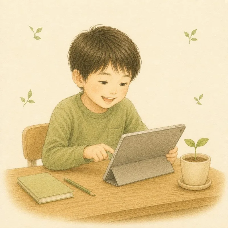 子どもがタブレットで学習アプリに取り組んでいる水彩イラスト