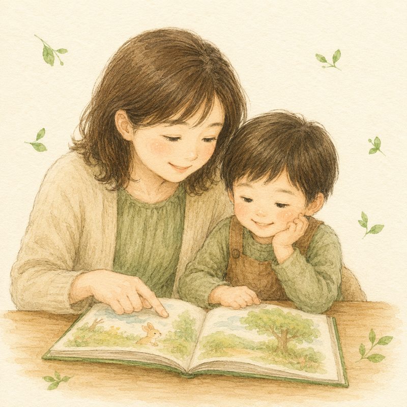 母親と子どもが並んで座り、一緒に絵本を読んでいる水彩イラスト