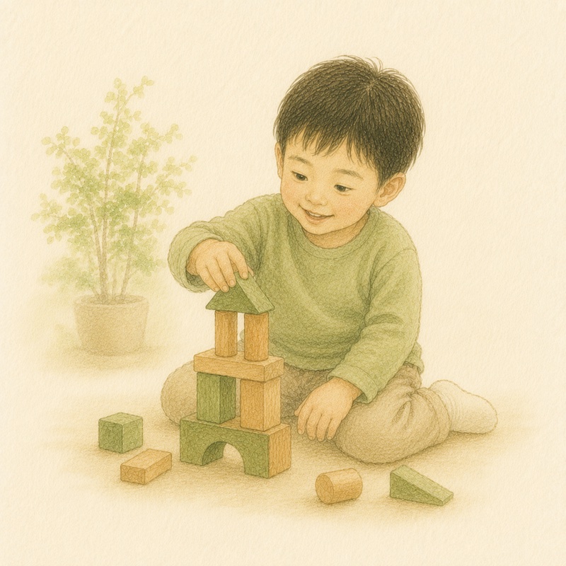 積み木で遊ぶ小さな子どもの水彩イラスト