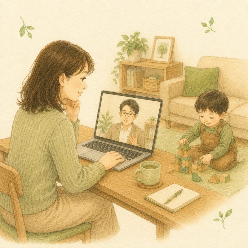 保護者が自宅のノートパソコンでビデオ通話の相談を受けている水彩イラスト