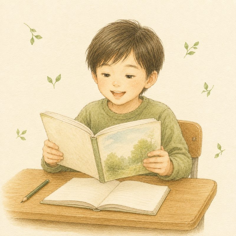 小学生の子どもが机に向かってノートに書き込んでいる水彩イラスト