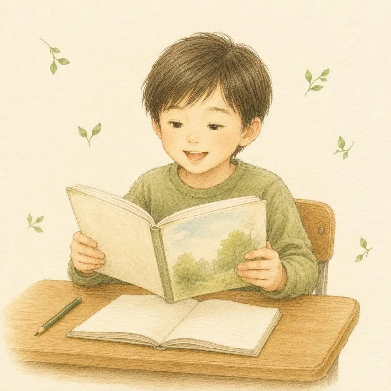 小学生の子どもが机に向かってノートに書き込んでいる水彩イラスト