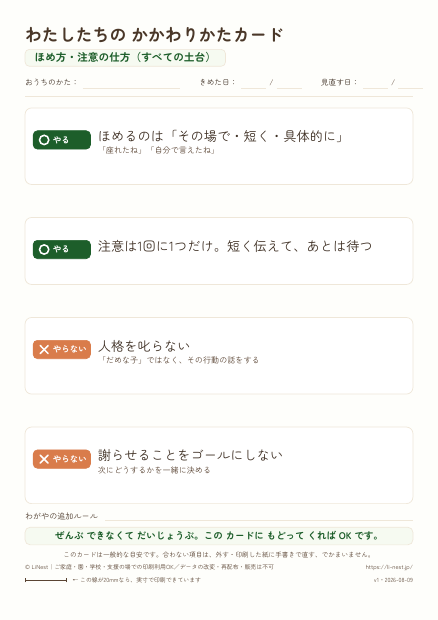 ほめ方・注意の仕方のカードの1ページ目